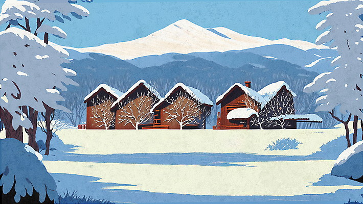 PSD 나무 하늘색 설경 겨울 일러스트 주택 풍경 초원 사람없음 설원 추위 나무집 설산 국내일러스트 식물 계절 산 눈_날씨 건물 파란색 파일형식