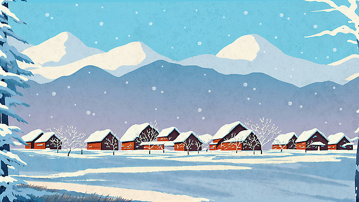 PSD 나무 하늘색 설경 겨울 일러스트 주택 풍경 초원 사람없음 마을 설원 추위 나무집 눈내림 설산 국내일러스트 식물 계절 산 눈_날씨 건물 파란색 파일형식