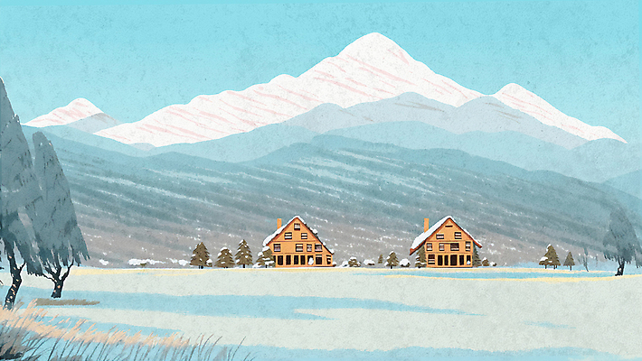 PSD 나무 하늘색 설경 겨울 일러스트 주택 풍경 초원 사람없음 설원 추위 나무집 설산 국내일러스트 식물 계절 산 눈_날씨 건물 파란색 파일형식