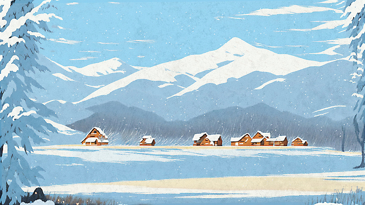 PSD 나무 하늘색 설경 겨울 일러스트 주택 풍경 초원 사람없음 마을 설원 추위 나무집 설산 국내일러스트 식물 계절 산 눈_날씨 건물 파란색 파일형식