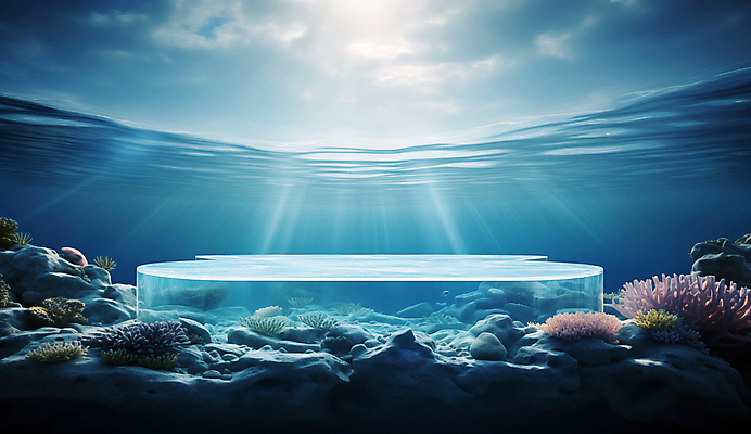 JPG 편집이미지 바다 백그라운드 자연 사람없음 물 파란색 햇빛 얼음 바닷속 수중 디지털합성 포디움 해초류 편집소스 편집실사 AI컴퓨터그래픽 AI콘텐츠 자연요소 컬러 태양 무대 해양식물 CG 생태계 파일형식