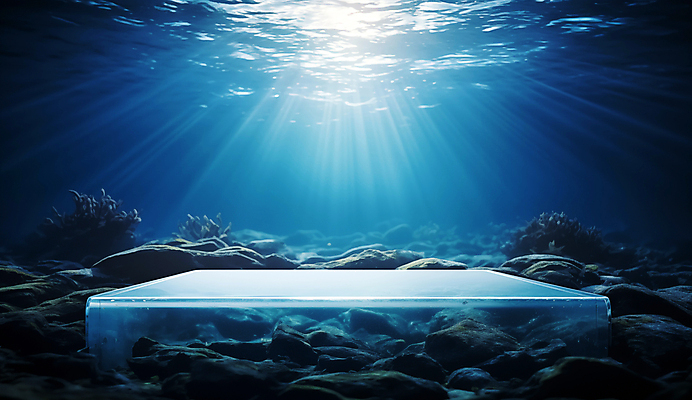 JPG 편집이미지 바다 백그라운드 자연 사람없음 물 파란색 햇빛 얼음 바닷속 수중 디지털합성 포디움 해초류 편집소스 편집실사 AI컴퓨터그래픽 AI콘텐츠 자연요소 컬러 태양 무대 해양식물 CG 생태계 파일형식