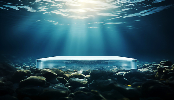 JPG 편집이미지 바다 백그라운드 자연 사람없음 물 파란색 햇빛 얼음 바닷속 수중 디지털합성 포디움 해초류 편집소스 편집실사 AI컴퓨터그래픽 AI콘텐츠 자연요소 컬러 태양 무대 해양식물 CG 생태계 파일형식