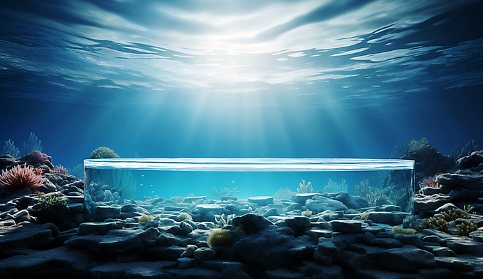 JPG 편집이미지 바다 백그라운드 자연 사람없음 물 파란색 햇빛 얼음 바닷속 수중 디지털합성 포디움 해초류 편집소스 편집실사 AI컴퓨터그래픽 AI콘텐츠 자연요소 컬러 태양 무대 해양식물 CG 생태계 파일형식