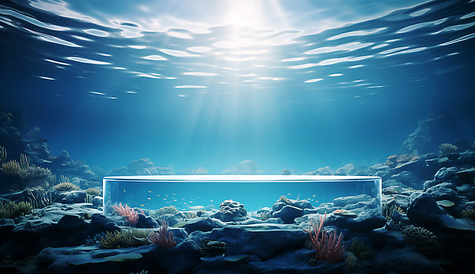 JPG 편집이미지 바다 백그라운드 자연 사람없음 물 파란색 햇빛 얼음 바닷속 수중 디지털합성 포디움 해초류 편집소스 편집실사 AI컴퓨터그래픽 AI콘텐츠 자연요소 컬러 태양 무대 해양식물 CG 생태계 파일형식