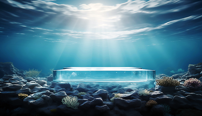 JPG 편집이미지 바다 백그라운드 자연 사람없음 물 파란색 햇빛 얼음 바닷속 수중 디지털합성 포디움 해초류 편집소스 편집실사 AI컴퓨터그래픽 AI콘텐츠 자연요소 컬러 태양 무대 해양식물 CG 생태계 파일형식