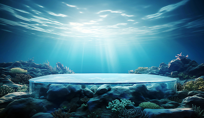 JPG 편집이미지 바다 백그라운드 자연 사람없음 물 파란색 햇빛 얼음 바닷속 수중 디지털합성 포디움 해초류 편집소스 편집실사 AI컴퓨터그래픽 AI콘텐츠 자연요소 컬러 태양 무대 해양식물 CG 생태계 파일형식