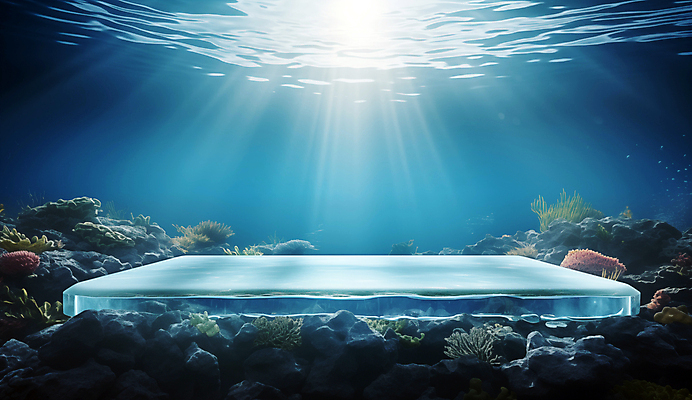 JPG 편집이미지 바다 백그라운드 자연 사람없음 물 파란색 햇빛 얼음 바닷속 수중 디지털합성 포디움 해초류 편집소스 편집실사 AI컴퓨터그래픽 AI콘텐츠 자연요소 컬러 태양 무대 해양식물 CG 생태계 파일형식