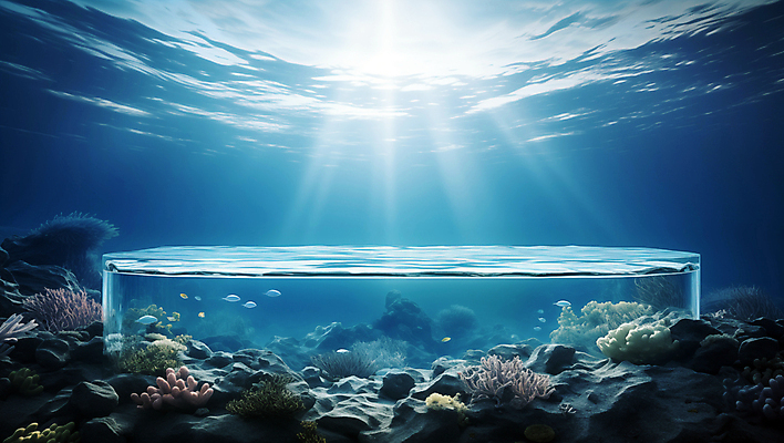 JPG 편집이미지 바다 백그라운드 자연 사람없음 물 파란색 햇빛 얼음 바닷속 수중 디지털합성 포디움 해초류 편집소스 편집실사 AI컴퓨터그래픽 AI콘텐츠 자연요소 컬러 태양 무대 해양식물 CG 생태계 파일형식