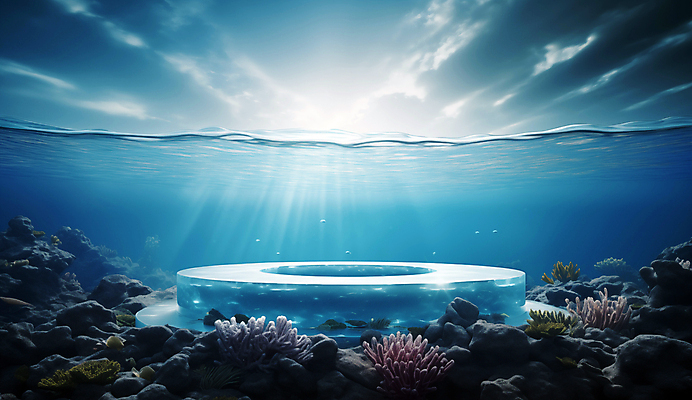 JPG 편집이미지 바다 백그라운드 자연 사람없음 물 파란색 햇빛 얼음 바닷속 수중 디지털합성 포디움 해초류 편집소스 편집실사 AI컴퓨터그래픽 AI콘텐츠 자연요소 컬러 태양 무대 해양식물 CG 생태계 파일형식