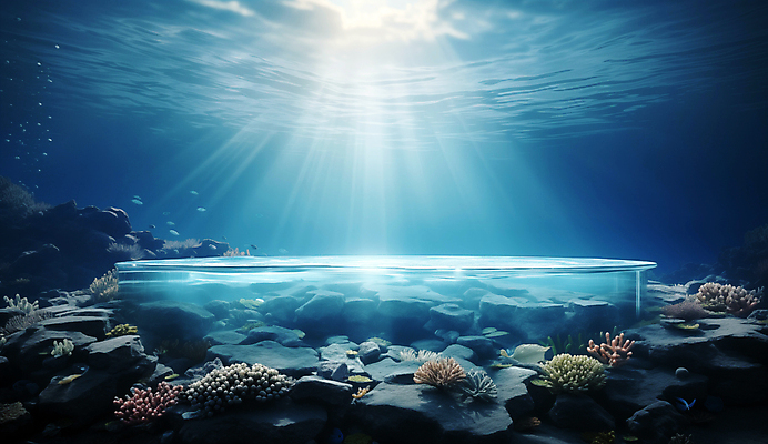 JPG 편집이미지 바다 백그라운드 자연 사람없음 물 파란색 햇빛 얼음 바닷속 수중 디지털합성 포디움 해초류 편집소스 편집실사 AI컴퓨터그래픽 AI콘텐츠 자연요소 컬러 태양 무대 해양식물 CG 생태계 파일형식