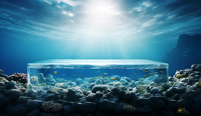 JPG 편집이미지 바다 백그라운드 자연 사람없음 물 파란색 햇빛 얼음 바닷속 수중 디지털합성 포디움 해초류 편집소스 편집실사 AI컴퓨터그래픽 AI콘텐츠 자연요소 컬러 태양 무대 해양식물 CG 생태계 파일형식