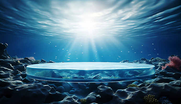 JPG 편집이미지 바다 백그라운드 자연 사람없음 물 파란색 햇빛 얼음 바닷속 수중 디지털합성 포디움 해초류 편집소스 편집실사 AI컴퓨터그래픽 AI콘텐츠 자연요소 컬러 태양 무대 해양식물 CG 생태계 파일형식