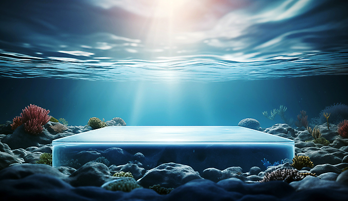 JPG 편집이미지 바다 백그라운드 자연 사람없음 물 파란색 햇빛 얼음 바닷속 수중 디지털합성 포디움 해초류 편집소스 편집실사 AI컴퓨터그래픽 AI콘텐츠 자연요소 컬러 태양 무대 해양식물 CG 생태계 파일형식