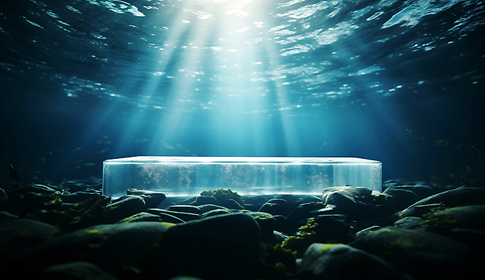 JPG 편집이미지 바다 백그라운드 자연 사람없음 물 파란색 햇빛 얼음 바닷속 수중 디지털합성 포디움 해초류 편집소스 편집실사 AI컴퓨터그래픽 AI콘텐츠 자연요소 컬러 태양 무대 해양식물 CG 생태계 파일형식