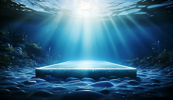 JPG 편집이미지 바다 백그라운드 자연 사람없음 물 파란색 햇빛 얼음 바닷속 수중 디지털합성 포디움 해초류 편집소스 편집실사 AI컴퓨터그래픽 AI콘텐츠 자연요소 컬러 태양 무대 해양식물 CG 생태계 파일형식