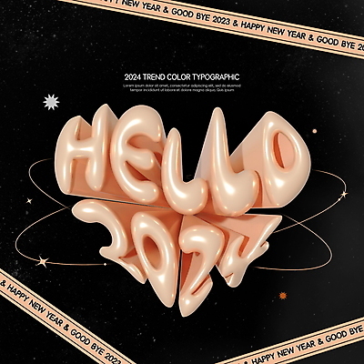 PSD 편집이미지 분홍색 타이포그라피 사람없음 반짝임 3D 우주 검은색 화려 입체 광택 풍선 HELLO 입체문자 2024년 트렌드컬러 키치 피치퍼즈 편집3D 문자 컬러 컨셉 모션 인사 연도 디지털합성 파일형식