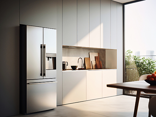 JPG 편집이미지 창문 식탁 도마 사람없음 전자제품 인테리어 주방 디지털합성 싱크대 냉장고 편집실사 AI포토 AI콘텐츠 디자인 탁자 주방용품 가전제품 CG 개수대 파일형식