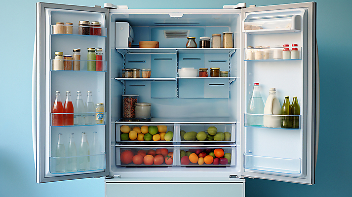 JPG 편집이미지 음식 하늘색 식재료 사람없음 전자제품 신선 오픈 가득함 디지털합성 냉장고 편집실사 AI포토 AI콘텐츠 파란색 가전제품 CG 파일형식