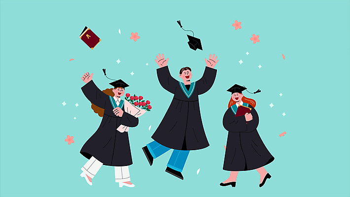 전신 여자 남자 꽃 대학생 꽃다발 하늘색 학사모 졸업 졸업식 들기 성인 세명 점프 축하 졸업가운 던지기 졸업장 성인만 모션그래픽 MP4 MOV 식물 모자_잡화 학생 교육 컨셉 모션 사람 파란색 가운 동영상 파일형식