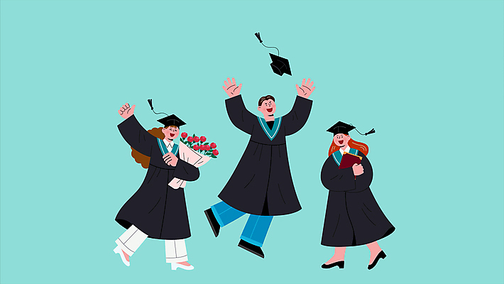 전신 여자 남자 꽃 대학생 꽃다발 하늘색 학사모 졸업 졸업식 들기 성인 세명 점프 축하 졸업가운 던지기 졸업장 성인만 모션그래픽 MP4 MOV 식물 모자_잡화 학생 교육 컨셉 모션 사람 파란색 가운 동영상 파일형식