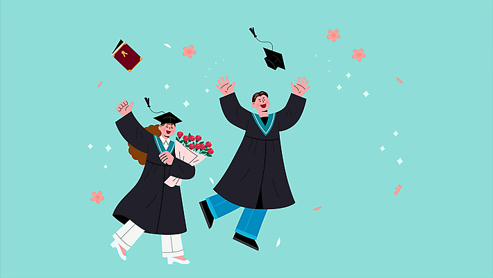 전신 여자 남자 꽃 대학생 꽃다발 하늘색 학사모 졸업 졸업식 들기 성인 두명 점프 축하 졸업가운 던지기 졸업장 성인만 모션그래픽 MP4 MOV 식물 모자_잡화 학생 교육 컨셉 모션 사람 파란색 가운 동영상 파일형식