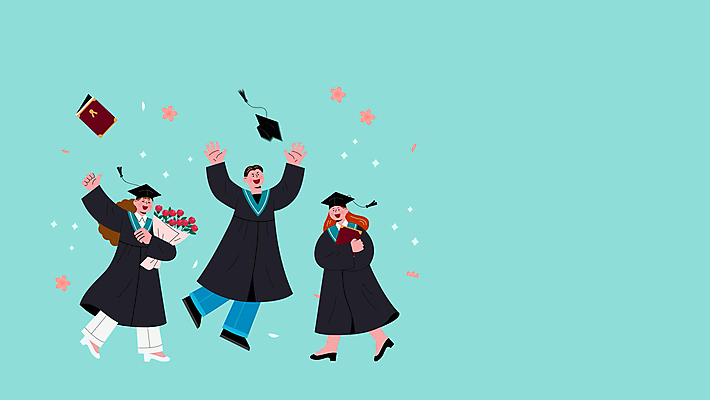 전신 여자 남자 꽃 대학생 꽃다발 하늘색 학사모 졸업 졸업식 들기 성인 세명 점프 축하 졸업가운 던지기 졸업장 성인만 모션그래픽 MP4 MOV 식물 모자_잡화 학생 교육 컨셉 모션 사람 파란색 가운 동영상 파일형식