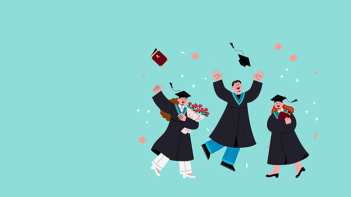 전신 여자 남자 꽃 대학생 꽃다발 하늘색 학사모 졸업 졸업식 들기 성인 세명 점프 축하 졸업가운 던지기 졸업장 성인만 모션그래픽 MP4 MOV 식물 모자_잡화 학생 교육 컨셉 모션 사람 파란색 가운 동영상 파일형식