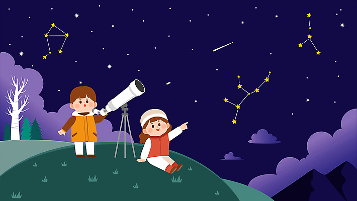 전신 나무 구름 여자 남자 여유 어린이 밤하늘 휴식 서기 앉기 소녀 소년 두명 보라색 별자리 가리킴 유성 언덕 천체망원경 어린이만 모션그래픽 MP4 MOV 자연요소 식물 감정 컬러 컨셉 모션 하늘 사람 손짓 망원경 야간 동영상 파일형식