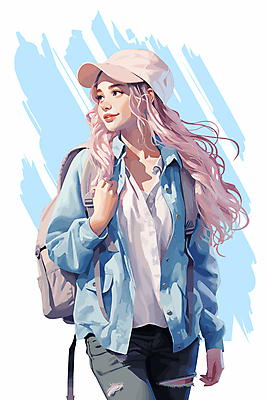 여자 일러스트 한명 미소 상반신 성인 청춘 그림 매기 백팩 캡모자 성인여자한명만 국내일러스트 AI파일 모자_잡화 1 컨셉 가방 모션 표정 사람 여자한명만 성인여자만 파일형식 벡터