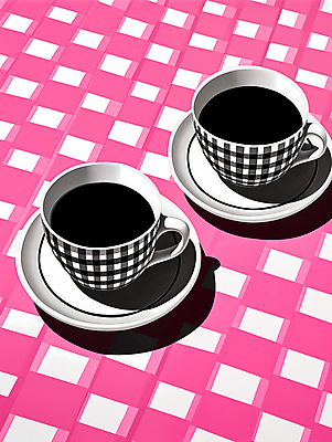 JPG 커피 분홍색 일러스트 사람없음 커피잔 체크무늬 아메리카노 두잔 블랙커피 국내일러스트 AI일러스트 AI콘텐츠 음료 컬러 2 무늬 잔 파일형식