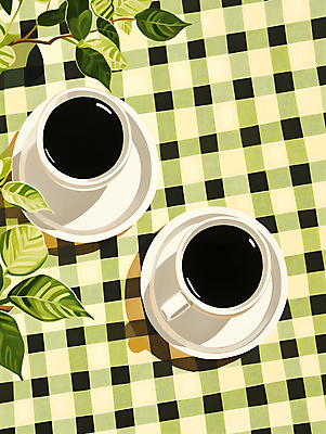 JPG 식물 커피 잎 일러스트 사람없음 연두색 커피잔 체크무늬 아메리카노 두잔 블랙커피 국내일러스트 AI일러스트 AI콘텐츠 음료 2 무늬 잔 초록색 파일형식