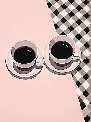 JPG 커피 분홍색 일러스트 사람없음 커피잔 체크무늬 아메리카노 두잔 블랙커피 국내일러스트 AI일러스트 AI콘텐츠 음료 컬러 2 무늬 잔 파일형식