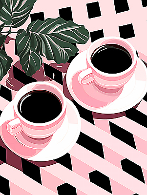 JPG 식물 커피 분홍색 잎 일러스트 사람없음 커피잔 체크무늬 아메리카노 두잔 블랙커피 국내일러스트 AI일러스트 AI콘텐츠 음료 컬러 2 무늬 잔 파일형식