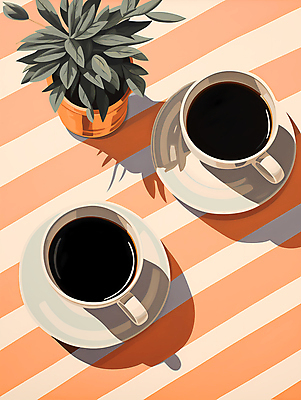 JPG 식물 화분 커피 일러스트 사람없음 주황색 줄무늬 커피잔 아메리카노 두잔 블랙커피 국내일러스트 AI일러스트 AI콘텐츠 음료 컬러 2 무늬 잔 파일형식