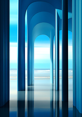 JPG 편집이미지 바다 백그라운드 풍경 사람없음 파란색 줄무늬 공간 기둥 복도 디지털합성 아치 편집소스 이미지편집 편집실사 AI컴퓨터그래픽 AI콘텐츠 건축 컬러 무늬 CG 파일형식