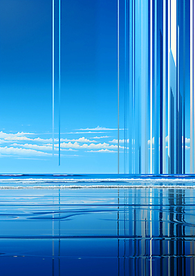 JPG 편집이미지 바다 백그라운드 풍경 사람없음 파란색 줄무늬 공간 기둥 디지털합성 편집소스 이미지편집 편집실사 AI컴퓨터그래픽 AI콘텐츠 건축 컬러 무늬 CG 파일형식