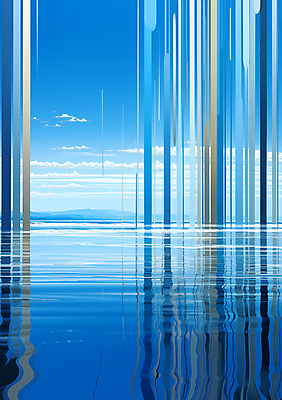 JPG 편집이미지 바다 백그라운드 풍경 사람없음 파란색 줄무늬 공간 기둥 디지털합성 편집소스 이미지편집 편집실사 AI컴퓨터그래픽 AI콘텐츠 건축 컬러 무늬 CG 파일형식