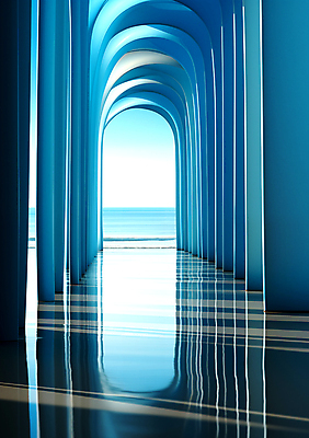 JPG 편집이미지 바다 백그라운드 풍경 사람없음 파란색 줄무늬 공간 기둥 디지털합성 편집소스 이미지편집 편집실사 AI컴퓨터그래픽 AI콘텐츠 건축 컬러 무늬 CG 파일형식