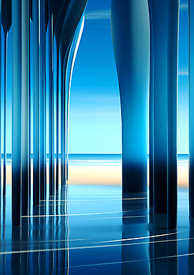 JPG 편집이미지 바다 백그라운드 풍경 사람없음 파란색 줄무늬 공간 기둥 디지털합성 편집소스 이미지편집 편집실사 AI컴퓨터그래픽 AI콘텐츠 건축 컬러 무늬 CG 파일형식