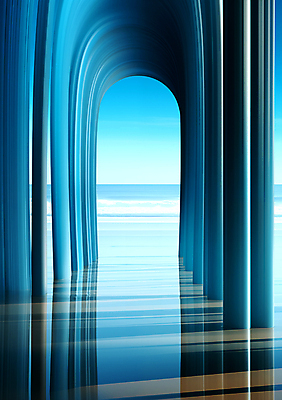 JPG 편집이미지 바다 백그라운드 풍경 사람없음 파란색 줄무늬 공간 기둥 디지털합성 편집소스 이미지편집 편집실사 AI컴퓨터그래픽 AI콘텐츠 건축 컬러 무늬 CG 파일형식