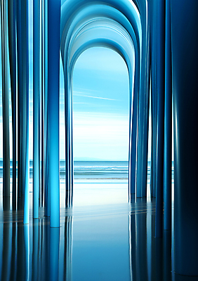 JPG 편집이미지 바다 백그라운드 풍경 사람없음 파란색 줄무늬 공간 기둥 디지털합성 편집소스 이미지편집 편집실사 AI컴퓨터그래픽 AI콘텐츠 건축 컬러 무늬 CG 파일형식