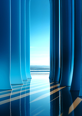 JPG 편집이미지 바다 백그라운드 풍경 사람없음 파란색 줄무늬 공간 기둥 디지털합성 편집소스 이미지편집 편집실사 AI컴퓨터그래픽 AI콘텐츠 건축 컬러 무늬 CG 파일형식