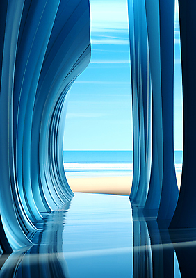 JPG 편집이미지 바다 백그라운드 풍경 사람없음 파란색 줄무늬 공간 기둥 디지털합성 편집소스 이미지편집 편집실사 AI컴퓨터그래픽 AI콘텐츠 건축 컬러 무늬 CG 파일형식