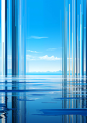 JPG 편집이미지 바다 백그라운드 풍경 사람없음 파란색 줄무늬 공간 기둥 디지털합성 편집소스 이미지편집 편집실사 AI컴퓨터그래픽 AI콘텐츠 건축 컬러 무늬 CG 파일형식