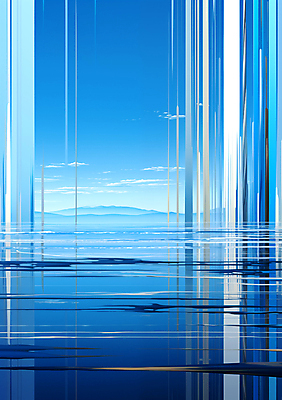 JPG 편집이미지 바다 백그라운드 풍경 사람없음 파란색 줄무늬 공간 기둥 디지털합성 편집소스 이미지편집 편집실사 AI컴퓨터그래픽 AI콘텐츠 건축 컬러 무늬 CG 파일형식