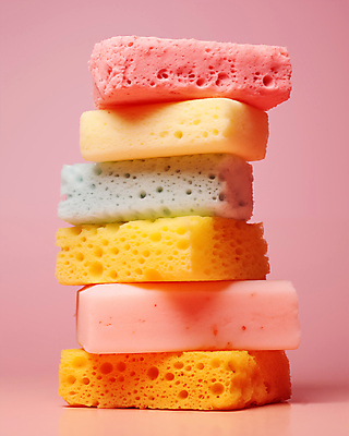 JPG 편집이미지 분홍색 백그라운드 근접촬영 사람없음 쌓기 청소도구 디지털합성 오브젝트 수세미 스펀지 파스텔톤 편집소스 편집실사 AI포토 AI콘텐츠 뷰포인트 컬러 모션 도구 청소 CG 파일형식