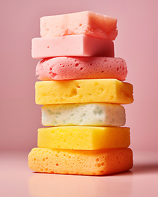 JPG 편집이미지 분홍색 백그라운드 근접촬영 사람없음 쌓기 청소도구 디지털합성 오브젝트 수세미 스펀지 파스텔톤 편집소스 편집실사 AI포토 AI콘텐츠 뷰포인트 컬러 모션 도구 청소 CG 파일형식