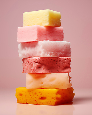 JPG 편집이미지 분홍색 백그라운드 근접촬영 사람없음 쌓기 청소도구 디지털합성 오브젝트 수세미 스펀지 파스텔톤 편집소스 편집실사 AI포토 AI콘텐츠 뷰포인트 컬러 모션 도구 청소 CG 파일형식