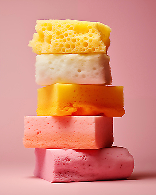 JPG 편집이미지 분홍색 백그라운드 근접촬영 사람없음 쌓기 청소도구 디지털합성 오브젝트 수세미 스펀지 파스텔톤 편집소스 편집실사 AI포토 AI콘텐츠 뷰포인트 컬러 모션 도구 청소 CG 파일형식